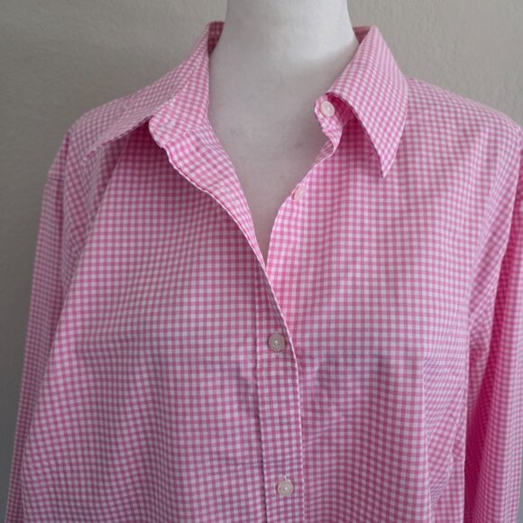 CHAPS No Iron Button Up Shirt Pink White Gingham Check Long Sleeve Women Plus 2X - Picture 2 of 7